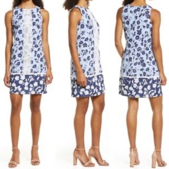 Eliza J Linen Mix Lace‎ Front Floral Sleeveless Blue Shift Dress Size 10 - Picture 1 of 8